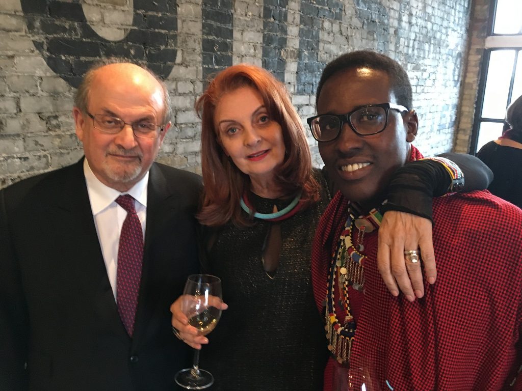 Salman Rushdie, left, with Louise Dennys and Nelson Ole Reiyia in Toronto. (Courtesy)