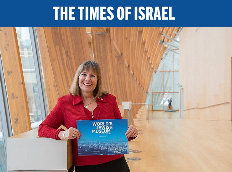 Gail Asper holding World Jewish Museum folder in Frank Gehry-designed Galleria Italia at the Art Gallery of Ontario in Toronto in March 2018. (Photo by Etye Sarner)