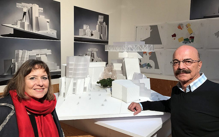 Gail Asper and Asper Foundation executive director Moe Levy with a model of the World’s Jewish Museum.