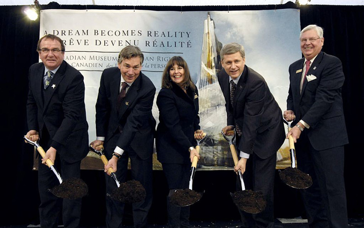 Gail Asper, center, at the groundbreaking ceremony of the Canadian Human Rights Museum, with former Canadian prime minister Stephen Harper.