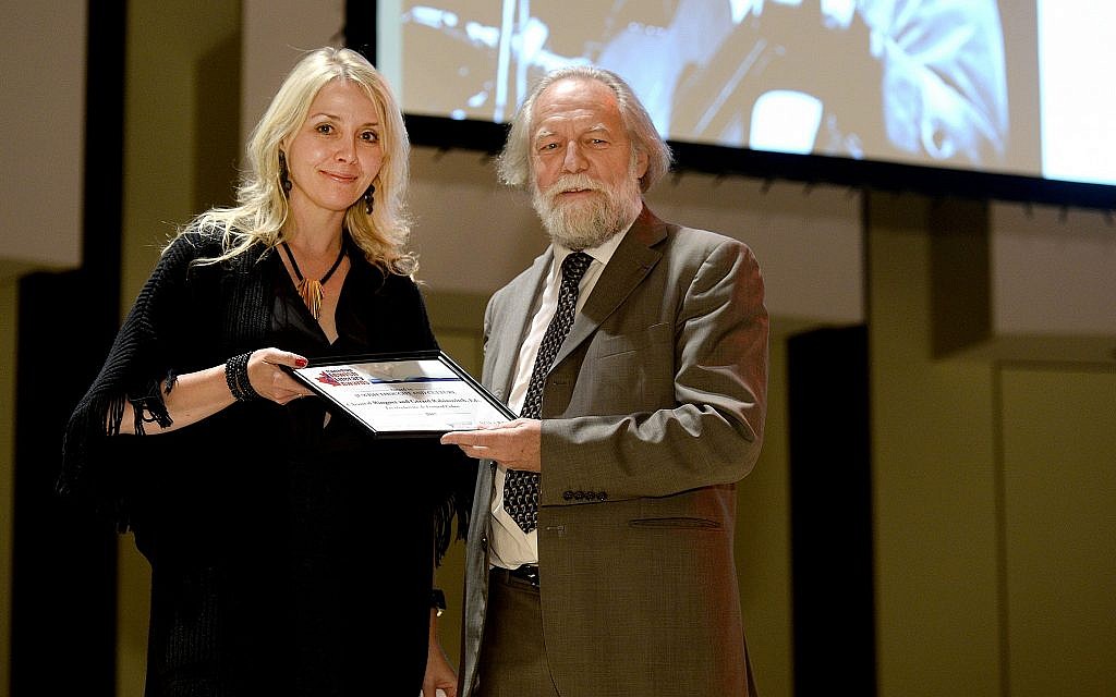 Chantal Ringuet receiving a 2017 Canadian Jewish Literary Award from Alain Goldschlager at York University in Toronto.