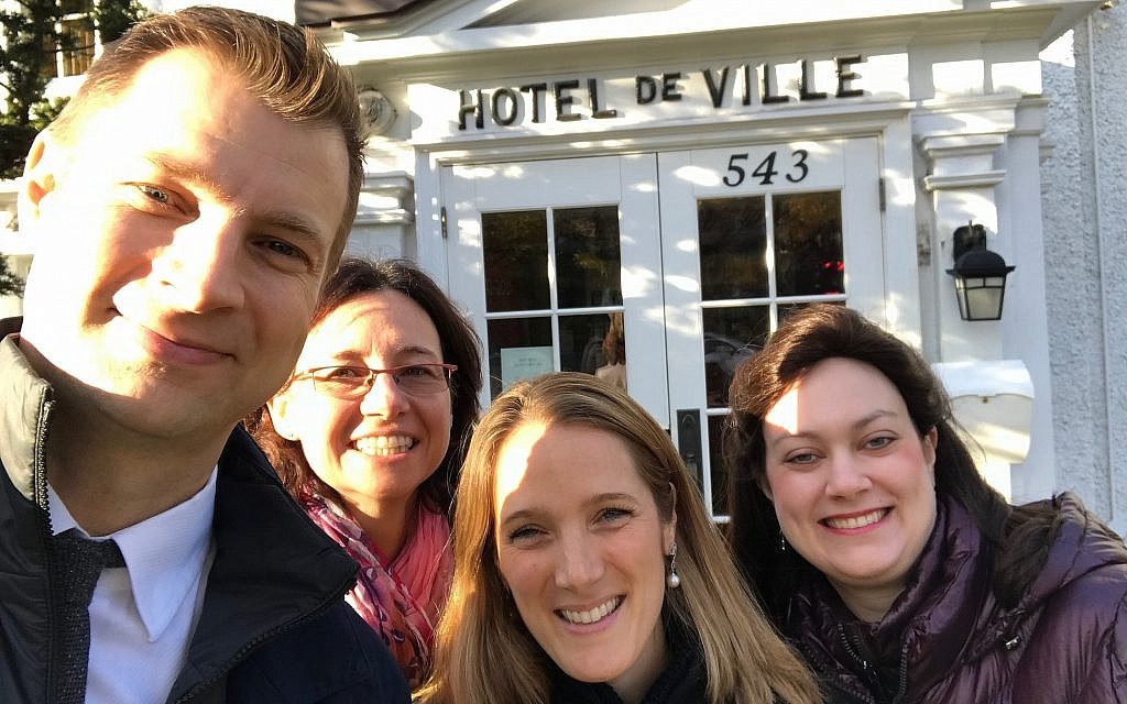 Mindy Pollak, right, with colleagues from Projet Montreal outside Outremont City Hall.