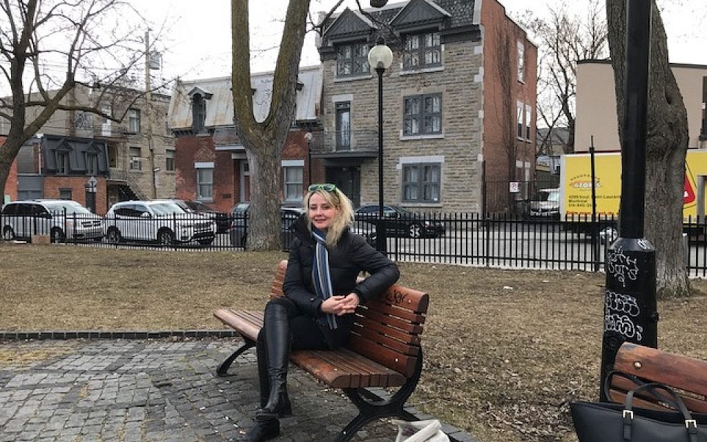 Chantal Ringuet at the park across from Leonard Cohen’s home, 2018. (Robert Sarner/ Times of Israel)