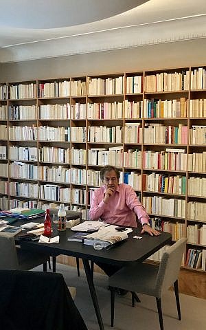 Alain Finkielkraut in his Paris home. (Robert Sarner/ Times of Israel)