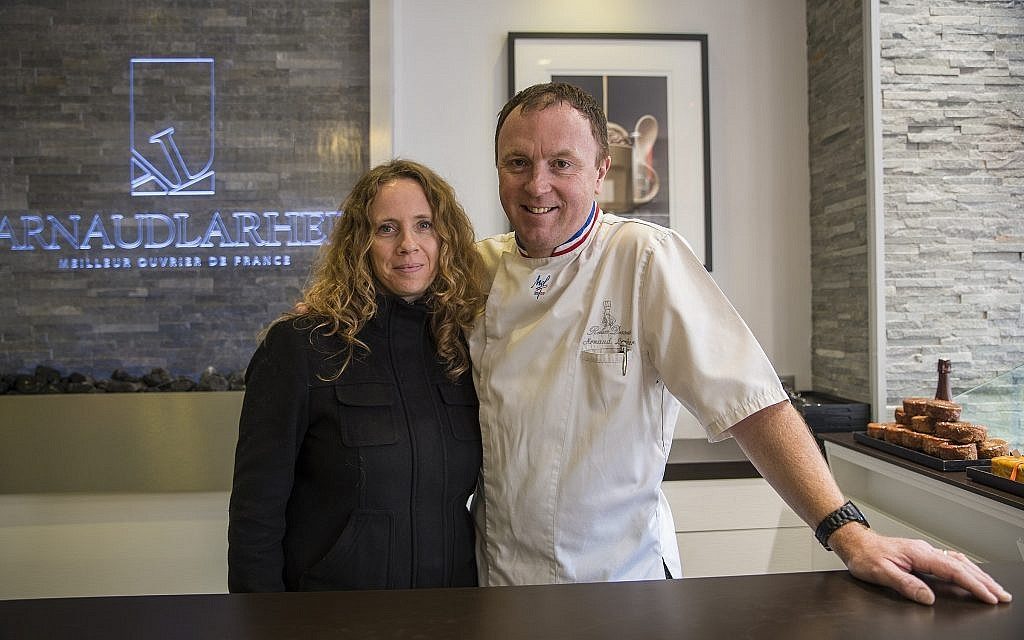 Sharon Heinrich with French pastry and chocolate master Arnaud Larher. (Sivan Askayo)