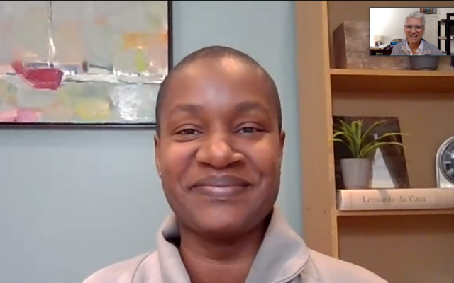 Screenshot of Canadian Green Party head Annamie Paul speaking to The Times of Israel in a Zoom interview from her home in Toronto, February 2021. (Times of Israel)