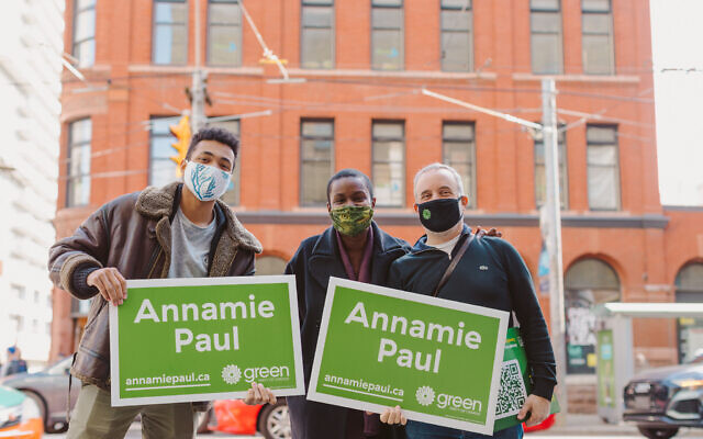 Canadian Green Party head Annamie Paul, center, with campaign workers in Toronto, 2020. (Courtesy)
