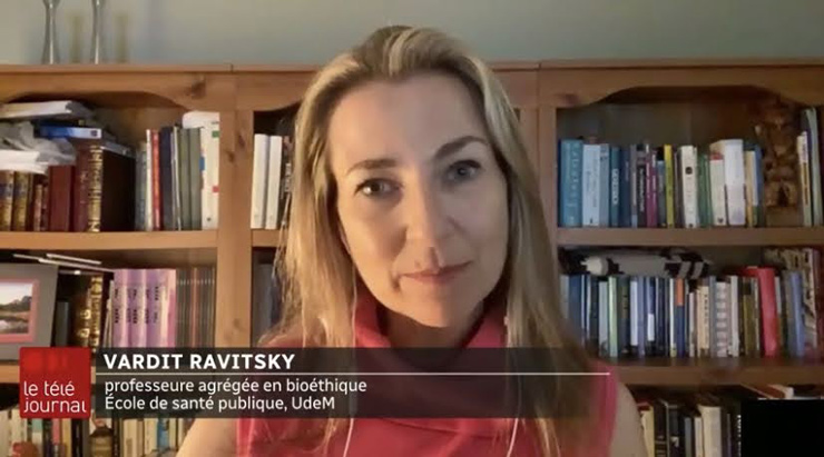 Vardit at home in Ottawa being interviewed in French on Radio Canada News about ethical principles underlying priorities in COVID-19 vaccines, Aug. 2, 2020