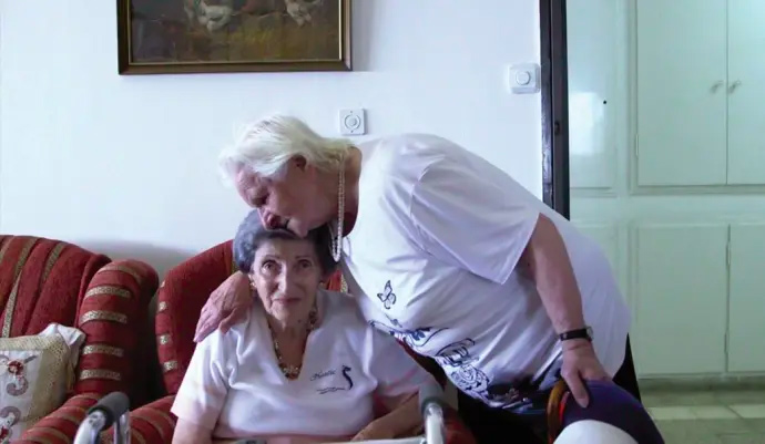 Czeslawa Zak hugging Olga Kost (Credit: Yonatan Zaid)