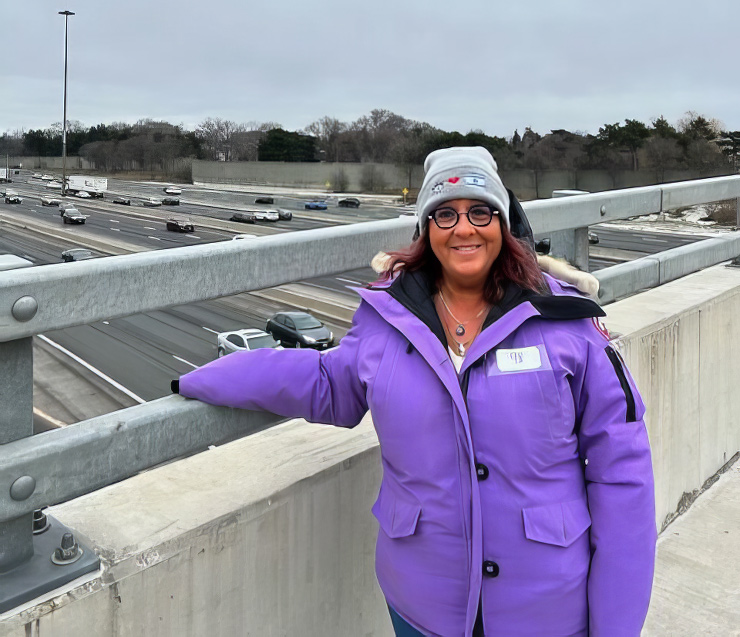 Jewish community member Sharlene Wilder stands on the contested overpass near Toronto’s Armour Heights neighborhood, January 12, 2024.