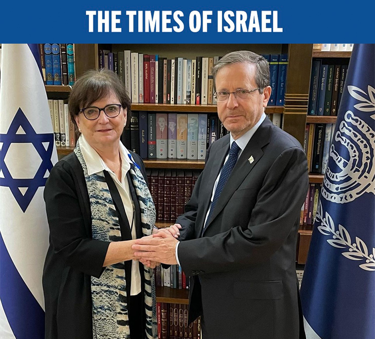 Deborah Lyons with Israeli President Isaac Herzog in Jerusalem, December 2023.