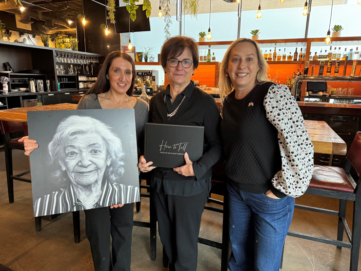 Deborah Lyons, center, with Holocaust educators Dahlia Libin and Marnie Bondar in Calgary, February 2024.