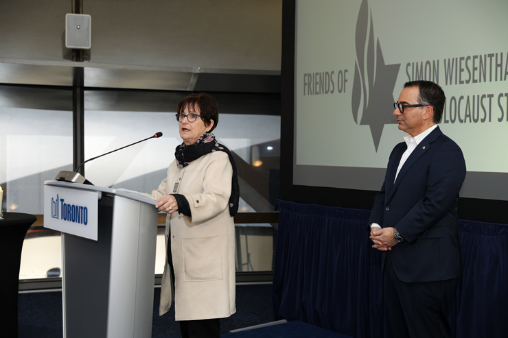 Deborah Lyons at International Holocaust Remembrance Day ceremony at Toronto City Hall with Michael Levitt, President & CEO of Friends of Simon Wiesenthal Center, Jan. 25, 2024.