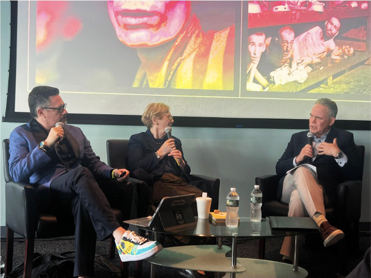 Karmela Waldman and Joel Waldman in discussion with BCS journalist Jim Axelrod at the Museum of Jewish Heritage in New York City, May 19, 2024. (Courtesy)