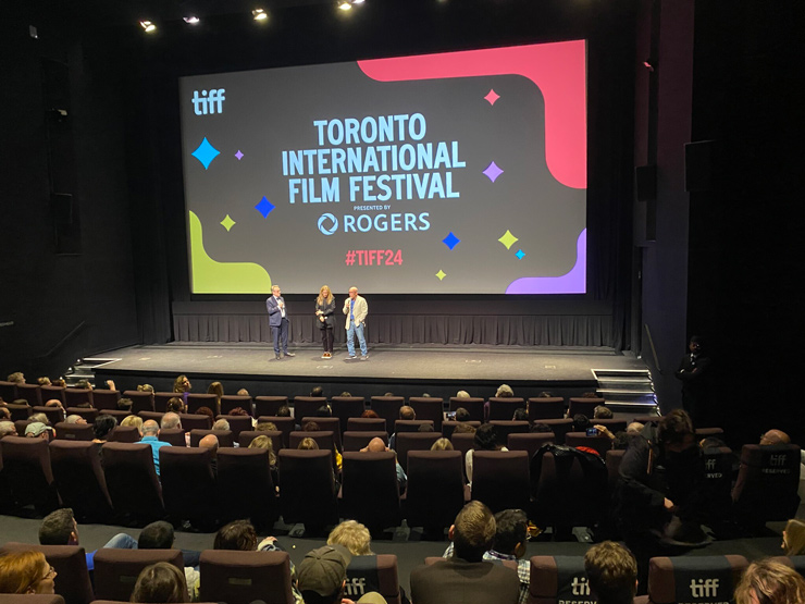 ‘The Bibi Files’ director Alexis Bloom (center) and producer Alex Gibney (right) with Toronto International Film Festival’s longtime documentary programmer Thom Powers, September 9, 2024. (Robert SarnerTimes of Israel)