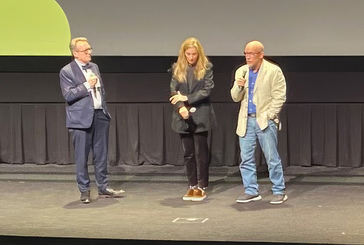 ‘The Bibi Files’ director Alexis Bloom (center) and producer Alex Gibney (right) with Toronto International Film Festival’s longtime documentary programmer Thom Powers, September 9, 2024. (Robert Sarner/Times of Israel)