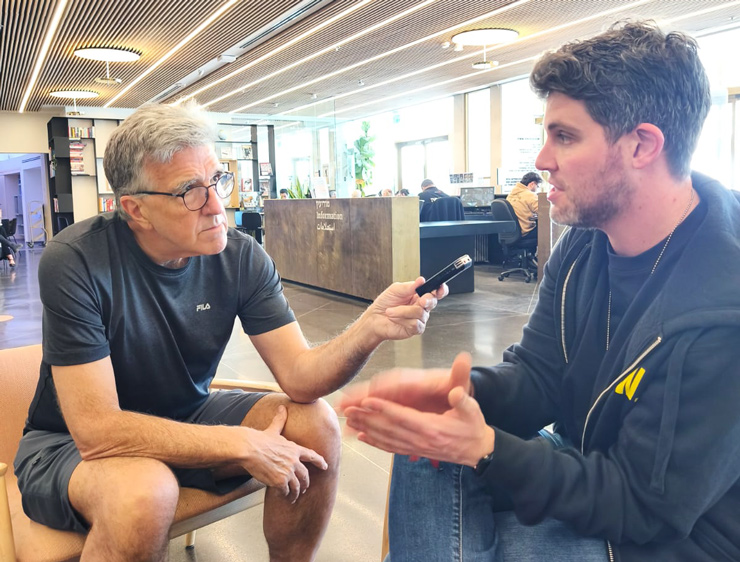 Pat Johnson interviews noted hostages and October 7 victims’ advocate Gil Dickmann in Tel Aviv, March 2025. (Courtesy/ Dotan Ninveh)