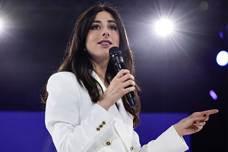 Renaissance party's candidate for the European Parliament election Shannon Seban addresses an audience in Aubervilliers, northeastern suburbs of Paris, on June 1, 2024, ahead of the European Parliament elections.