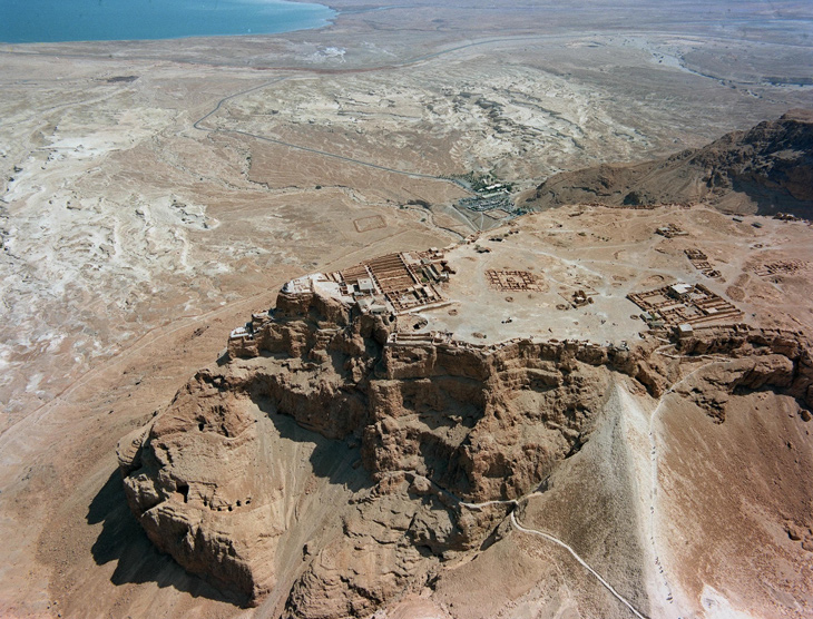Aerial view of ancient mountain-top fortress complex, Masada, in southern Israel.