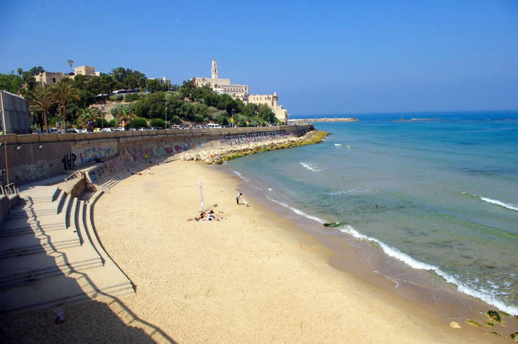 A part of the Tel Aviv beach looking toward the adjacent ancient port of Jaffa